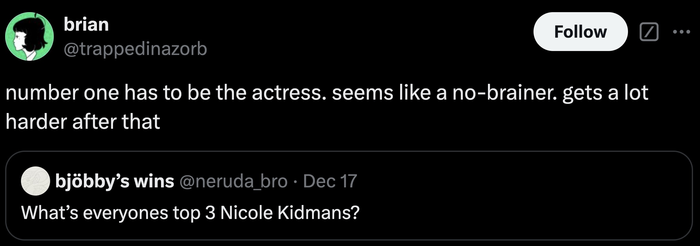 screenshot - brian number one has to be the actress. seems a nobrainer. gets a lot harder after that bjbby's wins . Dec 17 What's everyones top 3 Nicole Kidmans?